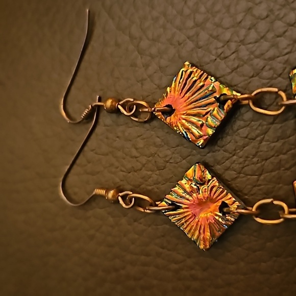 VTG Artisan Copper Dichroic Glass Cubism Dangle Hook Earrings - Picture 4 of 6